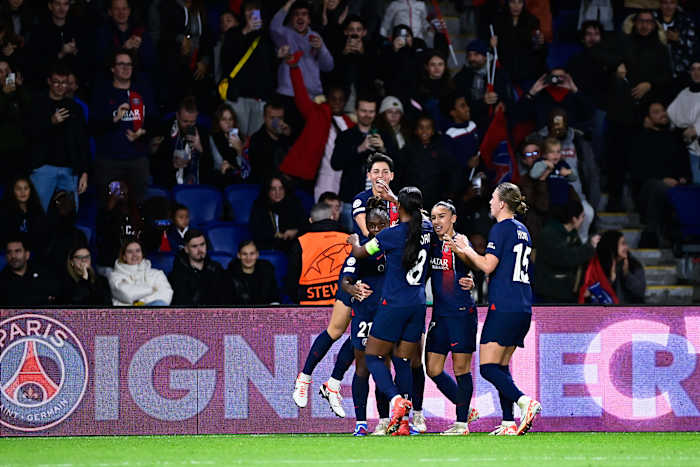 Paris Saint-Germain's players pictured celebrating a goal during a 3-1 win over Manchester United in the UEFA Women's Champions League in October 2023